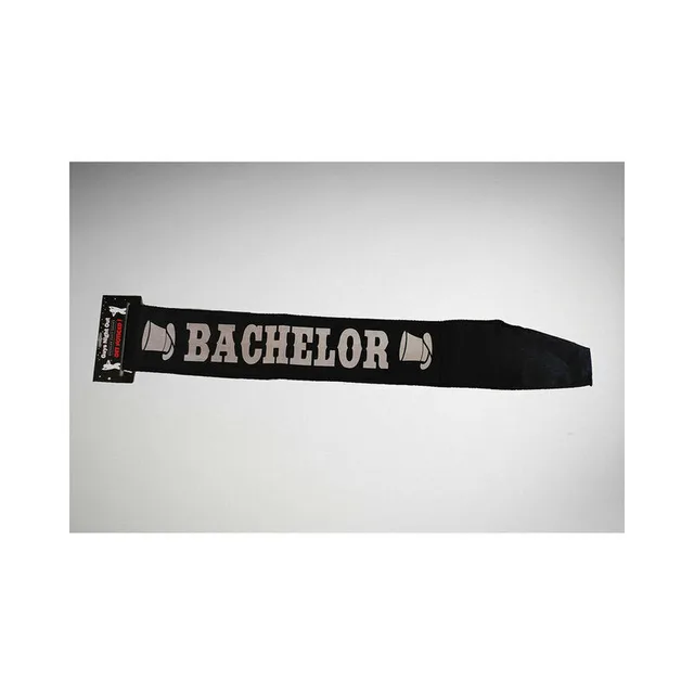 black bachelor sash with white Bachelor text and tuxedo graphics
