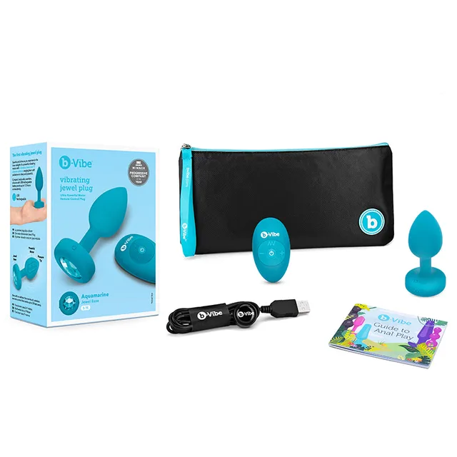 Aquamarine b-Vibe Vibrating Jewel plug set with box pouch cable and cards