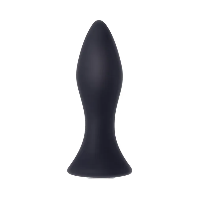 Evolved Mighty Mini black anal plug isolated upright angle with pointed tip, narrow neck and flared base