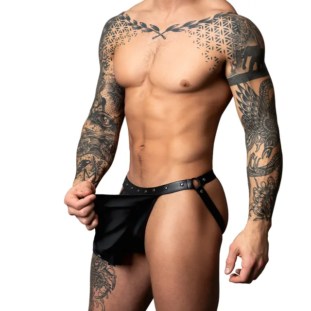 Male Power Fetish Spartacus L/XL black skirt jock front view with pleated skirt