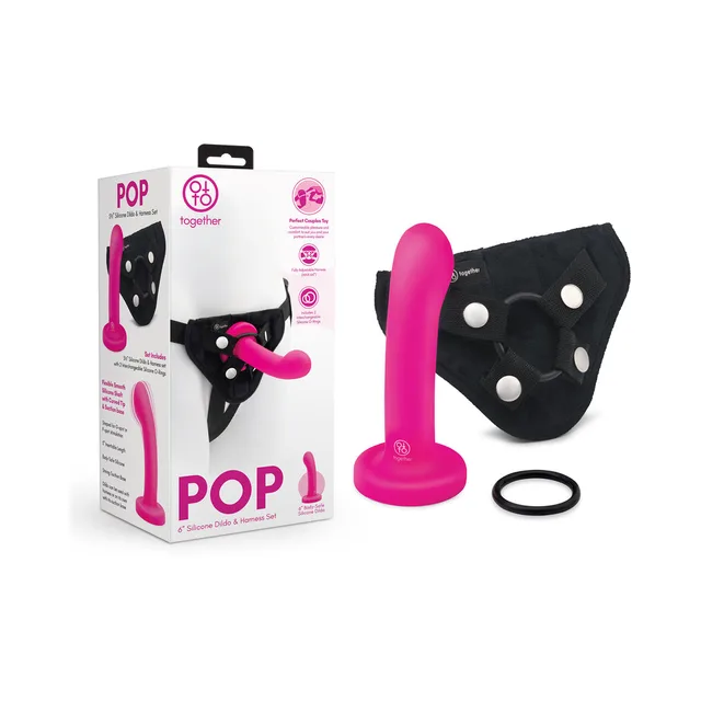 Pink Together Pop six-inch dildo with black harness, extra ring and retail box