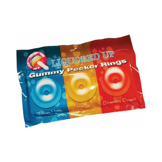 Liquored Up Gummy Pecker Rings three flavor pouches in blue orange and red