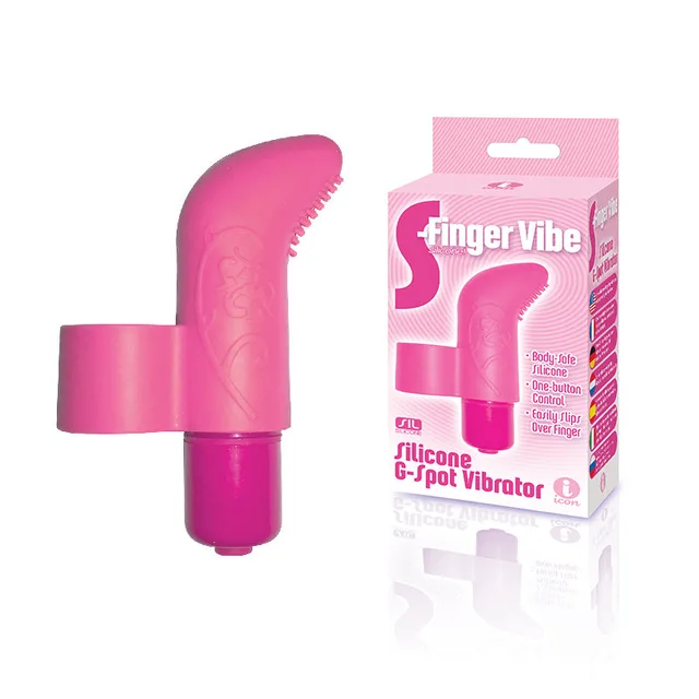 Pink S-Finger vibrator with wide loop beside matching pink box