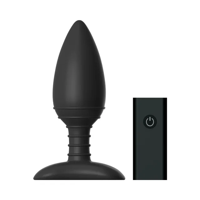 Nexus Ace Large Black Vibrating Plug plug beside rectangular remote