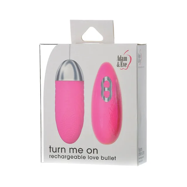 Adam & Eve Turn Me On pink rechargeable love bullet bullet and remote pictured on white retail box