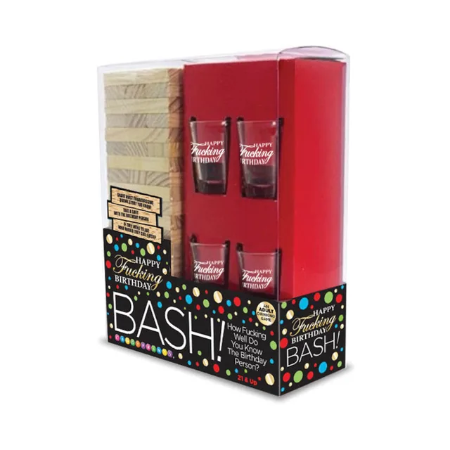 Birthday Bash game box with wooden block tower and four shot glasses