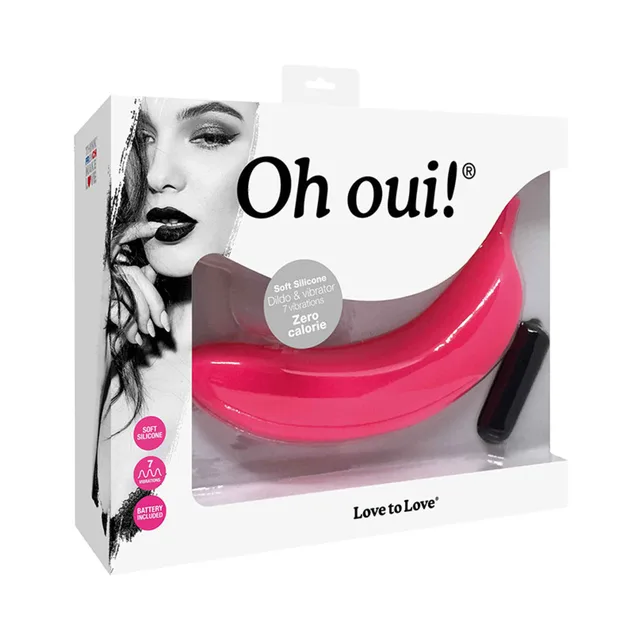 Oh Oui pink banana vibrator displayed in retail packaging