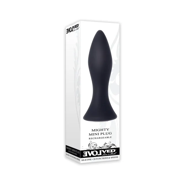Evolved Mighty Mini black anal plug white retail box with tapered black plug visible through front panel