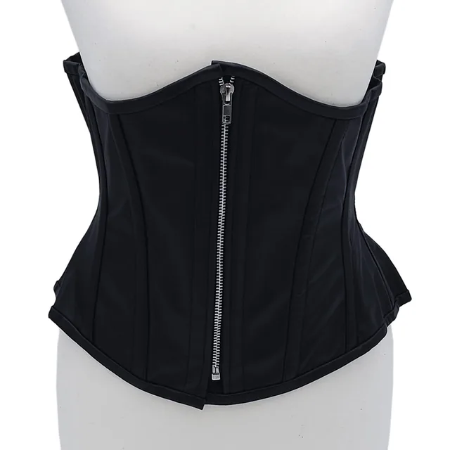 Front view of 3XL/4XL black leather corset with silver zipper