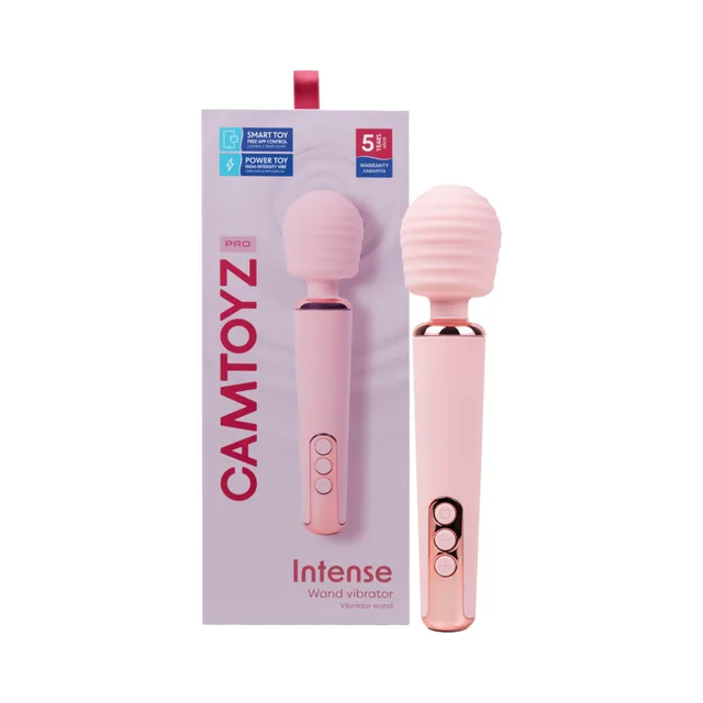 Camtoyz Pro light-pink wand vibrator beside the front of its retail box