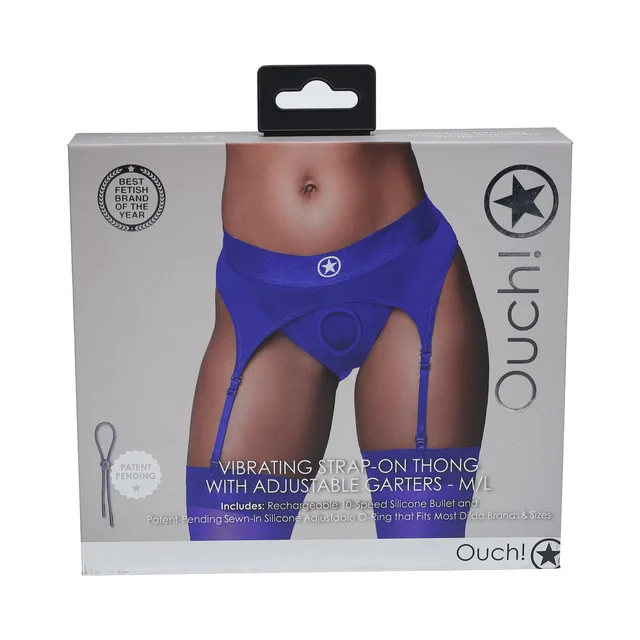 royal blue Ouch vibrating garter thong M/L pictured on gray box
