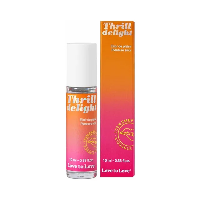 Thrill Delight elixir roll-on bottle beside orange gradient box
