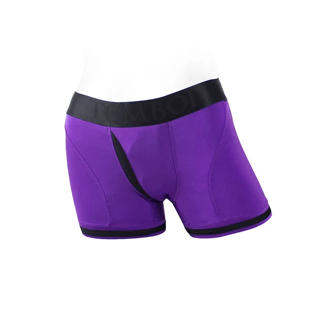 SpareParts Tomboii purple and black nylon boxer size XS front three-quarter view with contrast center opening