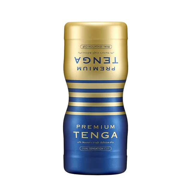 Blue Tenga Premium Dual Sensation Cup with gold cap and bands
