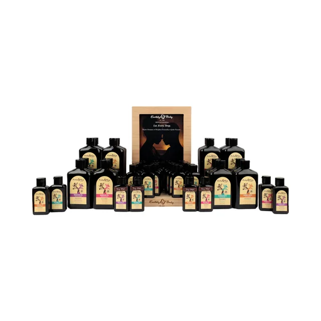 Wide view of Earthly Body bubble bath and massage oil collection