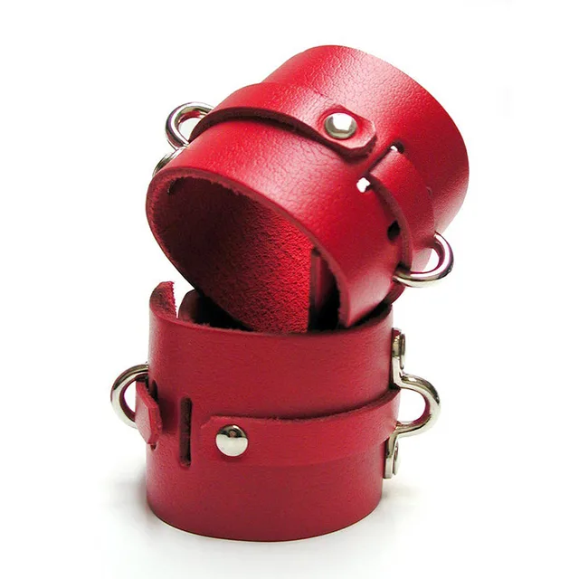 Pair of red Kinklab leather ankle cuffs with silver D-rings