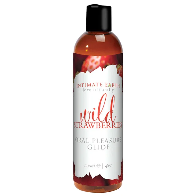 Intimate Earth Wild Strawberries Glide tall amber bottle with red strawberry label and black cap