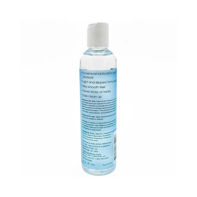 Adam & Eve Personal Water-Based Lubricant 8 oz rear bottle view showing directions and ingredient text