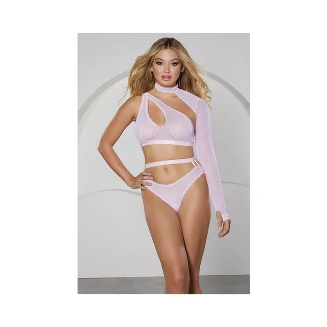 Allure Modern Muse light-pink mesh halter and panty set size M front view with collar and one long sleeve