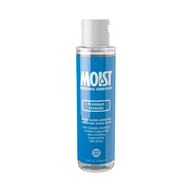 Moist Premium Formula 4.4 oz clear lubricant pump bottle with blue label