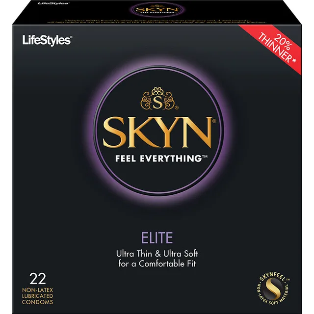 LifeStyles SKYN Elite 22-pack in black box with purple and gold graphics