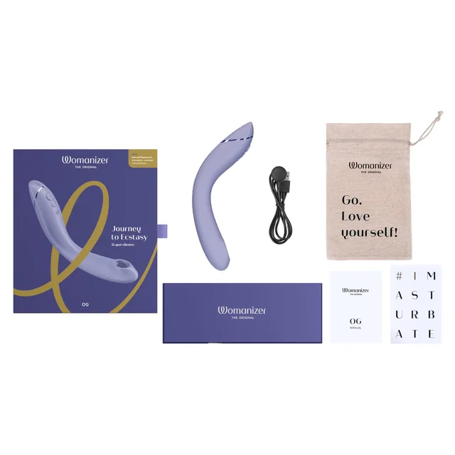 Womanizer OG lilac device with box cable pouch and cards