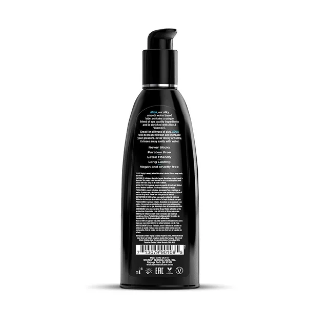 Wicked Aqua Water-Based Lubricant 8.5 oz black pump bottle rear with ingredients and barcode