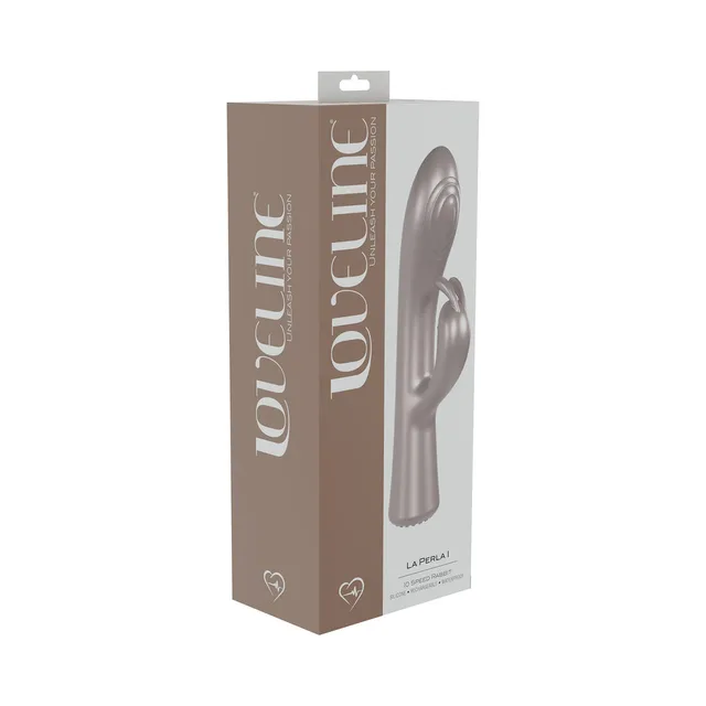 light pink LoveLine La Perla I rabbit vibrator with spiral tip on taupe box