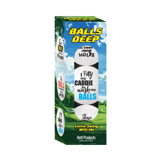 Balls Deep three-pack slogan golf balls in green window box