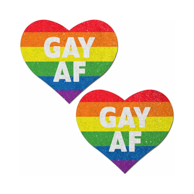 rainbow-striped heart Pastease pasties with white Gay AF lettering