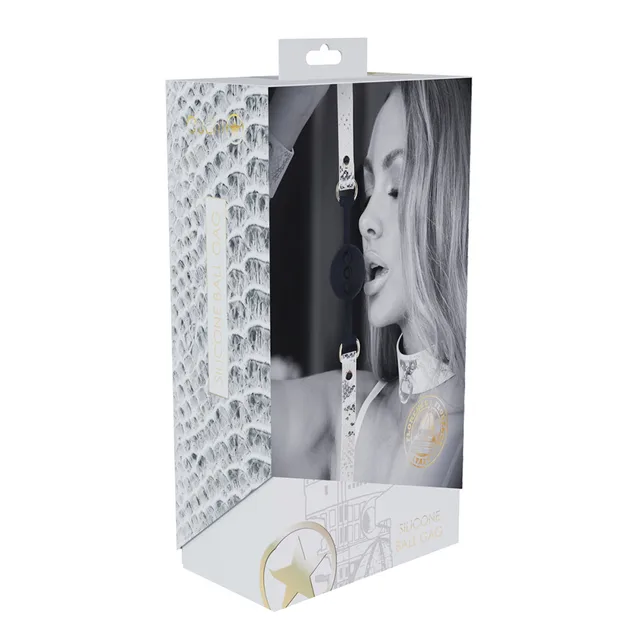 black silicone ball gag with white snakeskin strap displayed on box