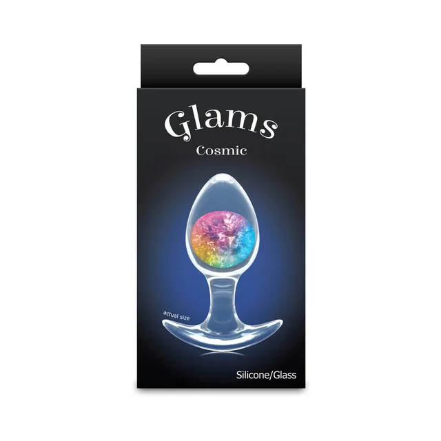 Medium Cosmic Glams rainbow plug with multicolor glitter marble on box