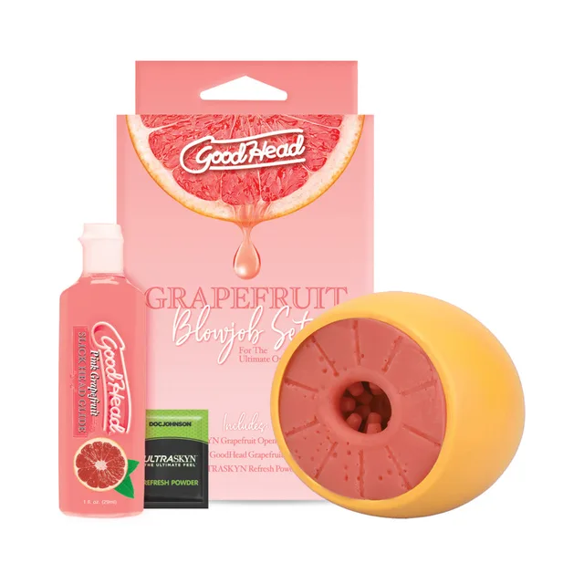pink and yellow GoodHead Grapefruit stroker set with glide bottle and refresh packet