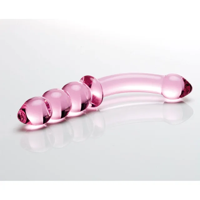 curved light-pink glass G-Spotter with four beads and darker pink end accents