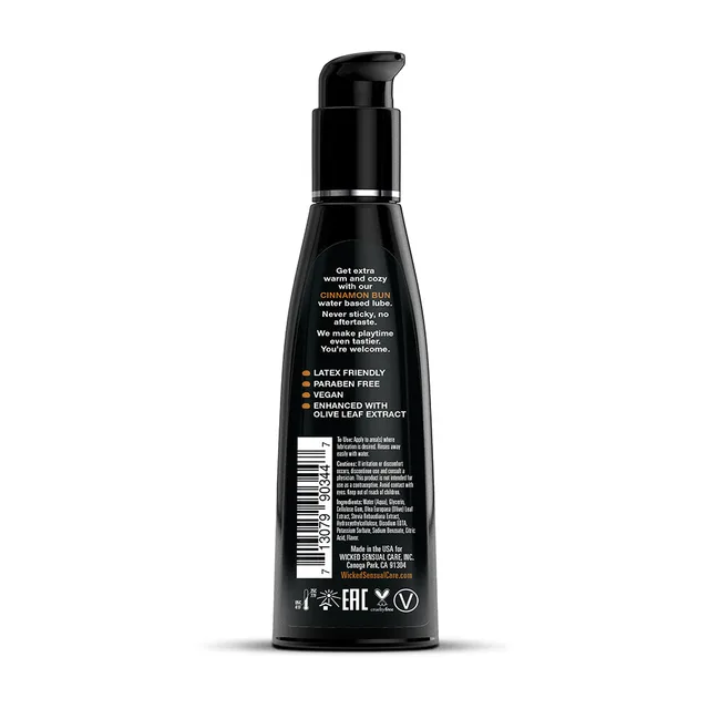 Wicked Aqua Cinnamon Bun 4 oz Lubricant curved black bottle rear with ingredients and barcode