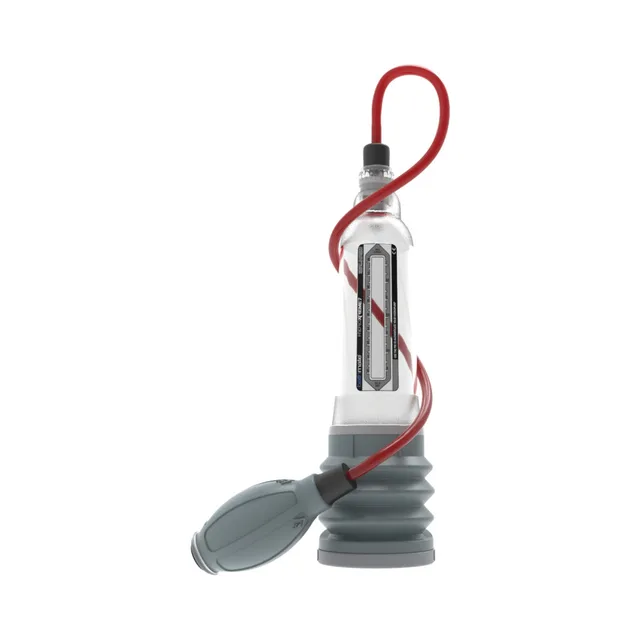 Bathmate HydroXtreme7 Clear penis pump transparent cylinder with black bellows, red hose and gray handball
