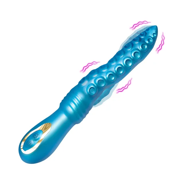 XR Brands Creature Cocks Tenta-Squirm teal vibrator full angled view of tapered shaft and oval control panel
