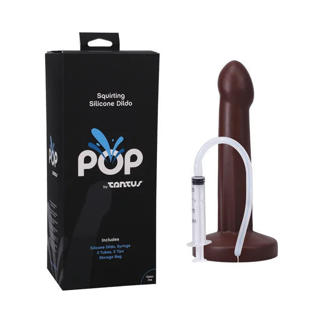Tantus POP espresso dildo with syringe beside black retail box