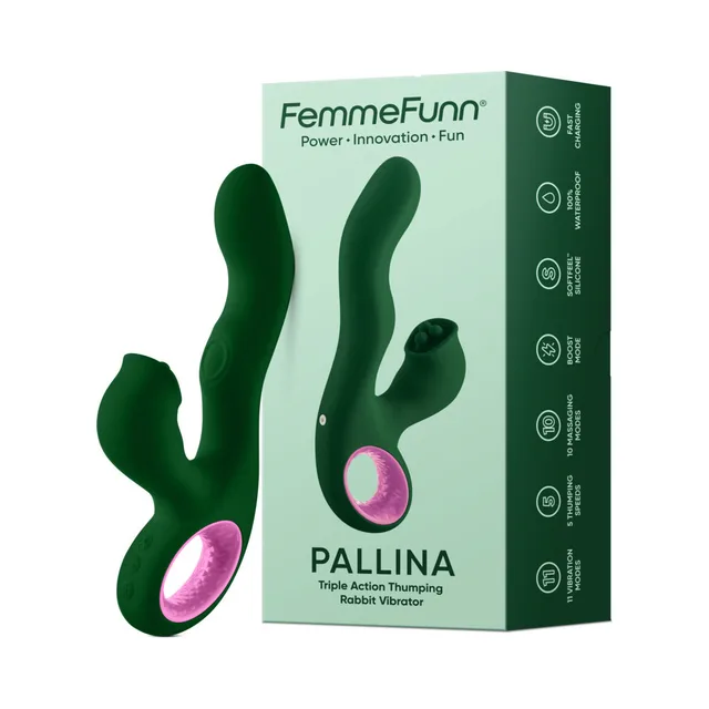 Dark-green FemmeFunn Pallina rabbit vibrator beside green box