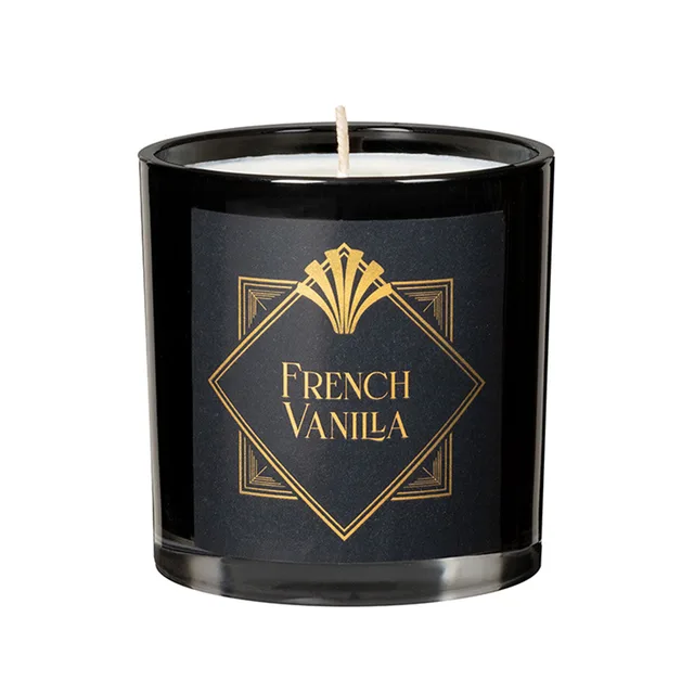 black glass Olivia's Boudoir French Vanilla candle with gold geometric label