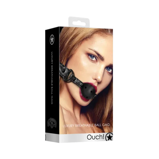 Black Ouch vented ball gag with adjustable strap on box