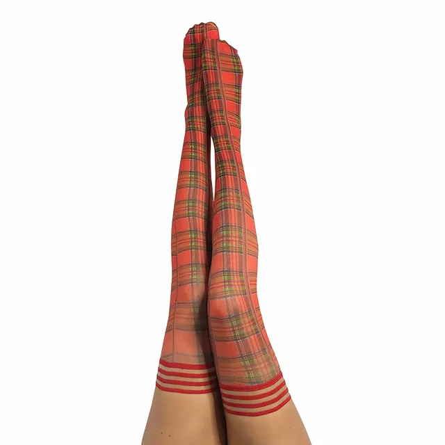 red plaid Kixies Grace thigh-high stockings with striped top bands