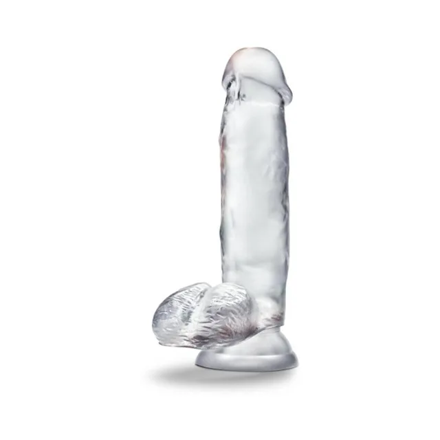 Front view of clear Gleam dildo and circular suction base