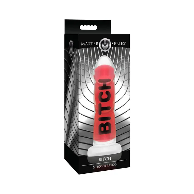 Master Series red BITCH ribbed silicone dildo in black box