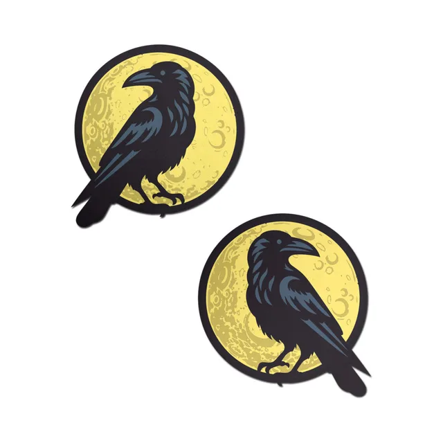 Pastease black raven and full moon round breast pasties pair with black ravens over textured gold moon circles