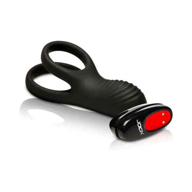 JOCK Hard-On black c-ring with ribbed stimulator full product view beside the separate remote