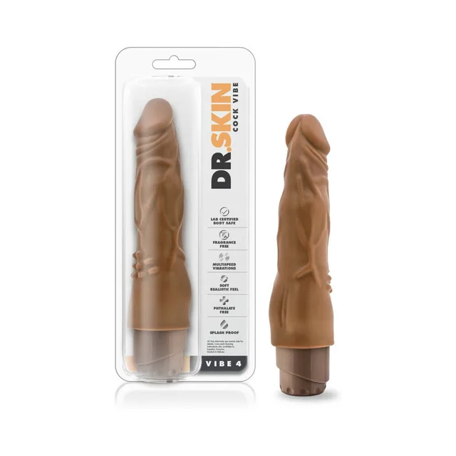 Blush Dr. Skin Cock Vibe 4 tan vibrator in clear Dr. Skin retail package
