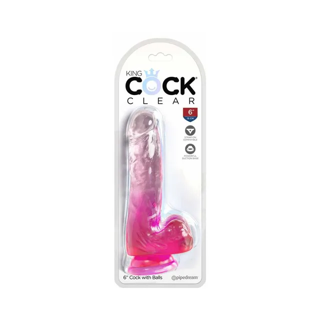 translucent pink King Cock Clear dildo with balls in clear clamshell