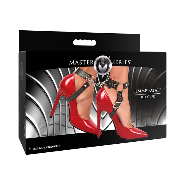 Master Series Femme Fatale black heel cuffs displayed with red heels on box