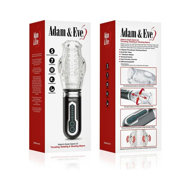 Adam & Eve Gawk Gawk 3.0 automatic clear stroker front and rear retail box panels